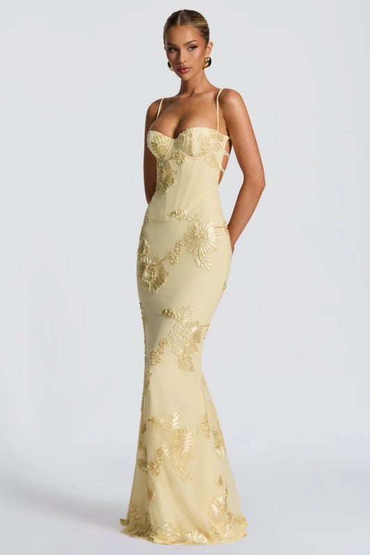 Embroideredcorset — Floral Embroidered Maxi Dress With Structured Corset Cami Gown Design