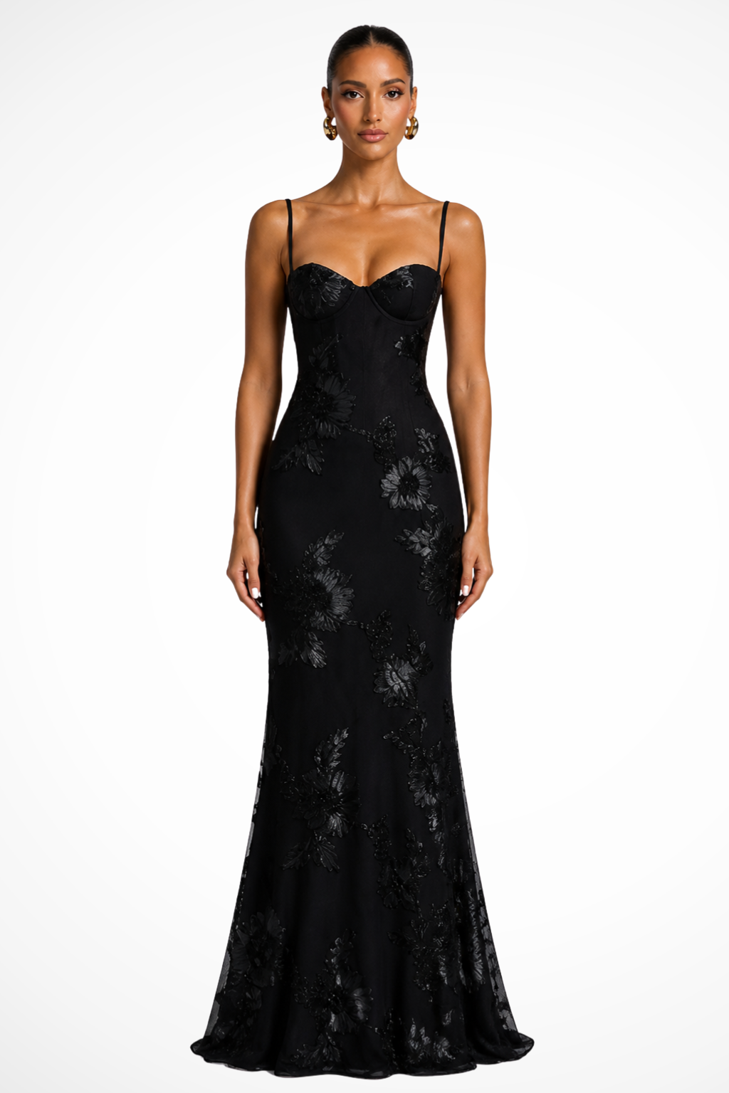 Embroideredcorset — Floral Embroidered Maxi Dress With Structured Corset Cami Gown Design Black