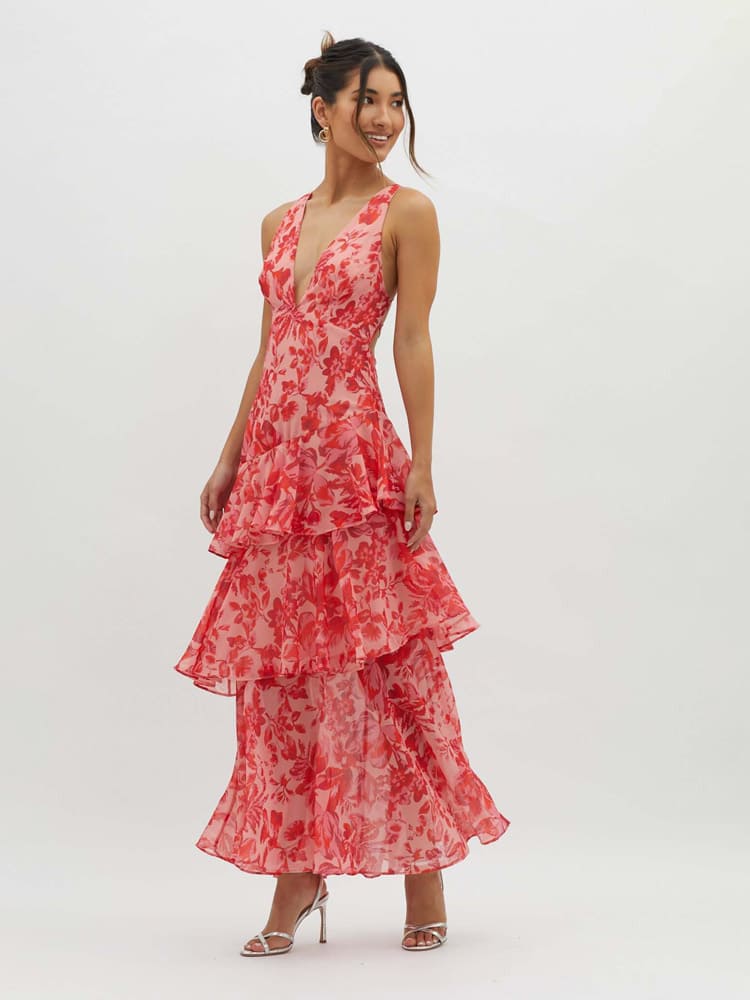 Wilhelmina — Floral Print Tiered Maxi Dress For Flowing Summer Gown Style Red