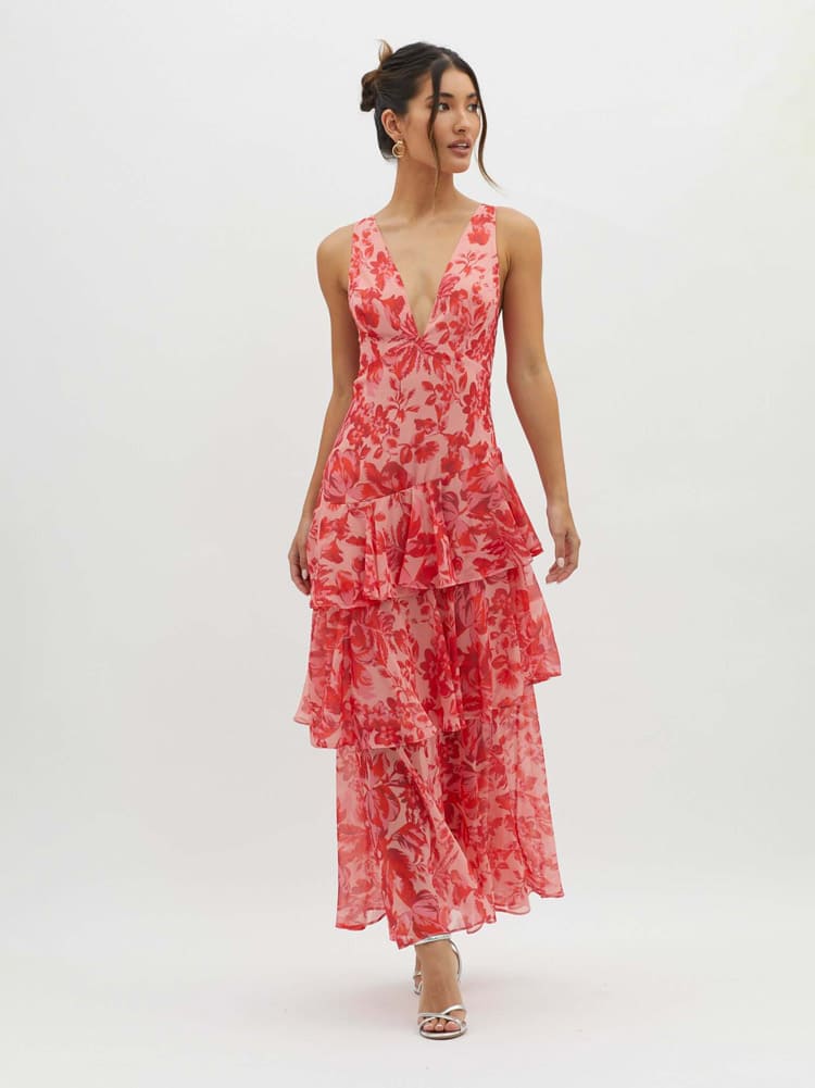 Wilhelmina — Floral Print Tiered Maxi Dress For Flowing Summer Gown Style