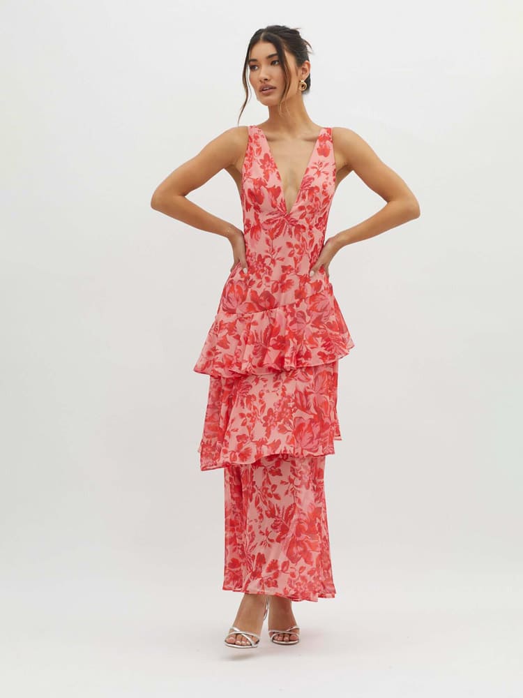 Wilhelmina — Floral Print Tiered Maxi Dress For Flowing Summer Gown Style