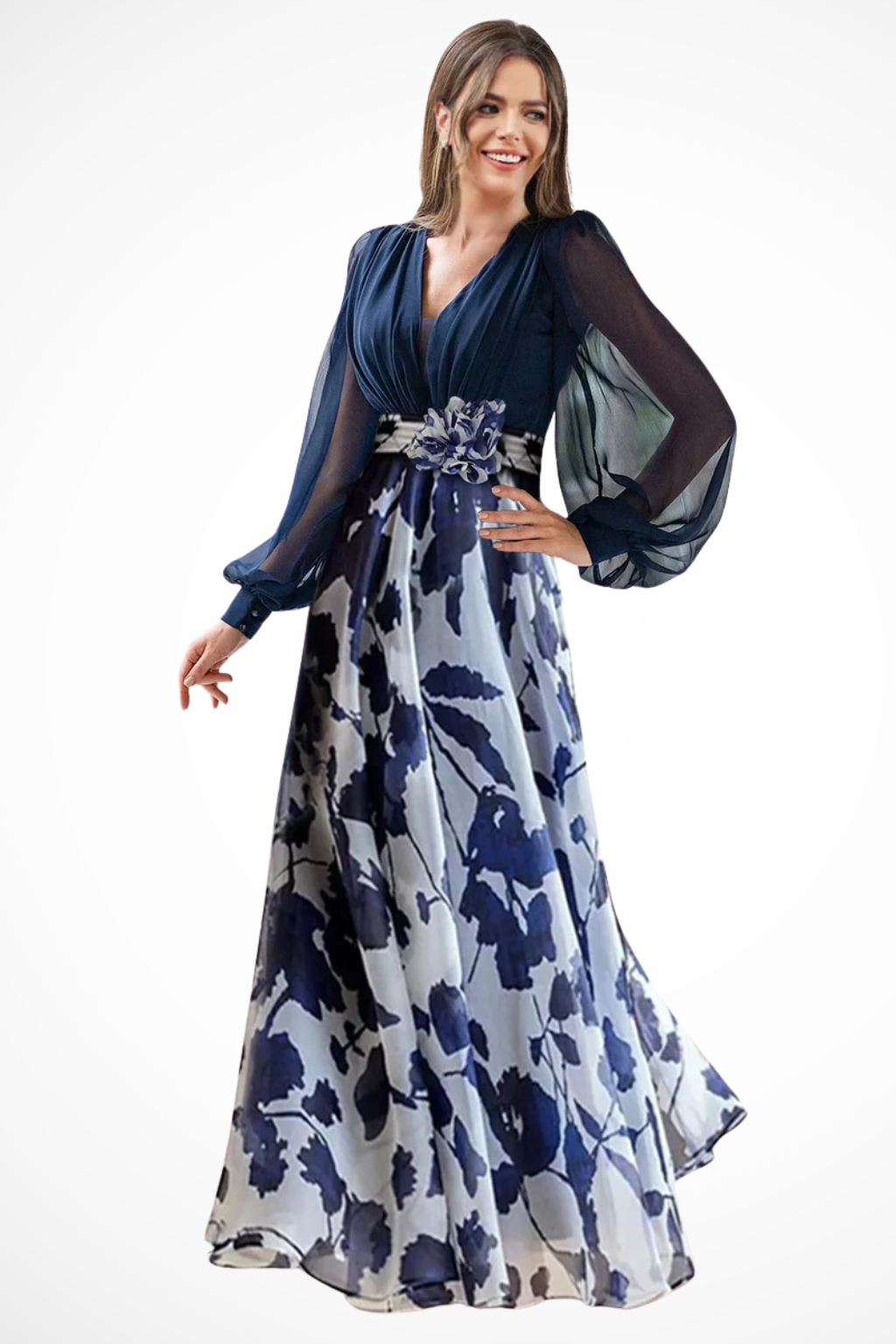 Balloonsleeve — Floral Print Maxi Dress With V-Neck Balloon Sleeve Evening Gown Design Navy Blue