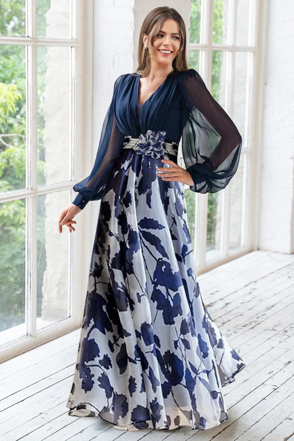 Balloonsleeve — Floral Print Maxi Dress With V-Neck Balloon Sleeve Evening Gown Design