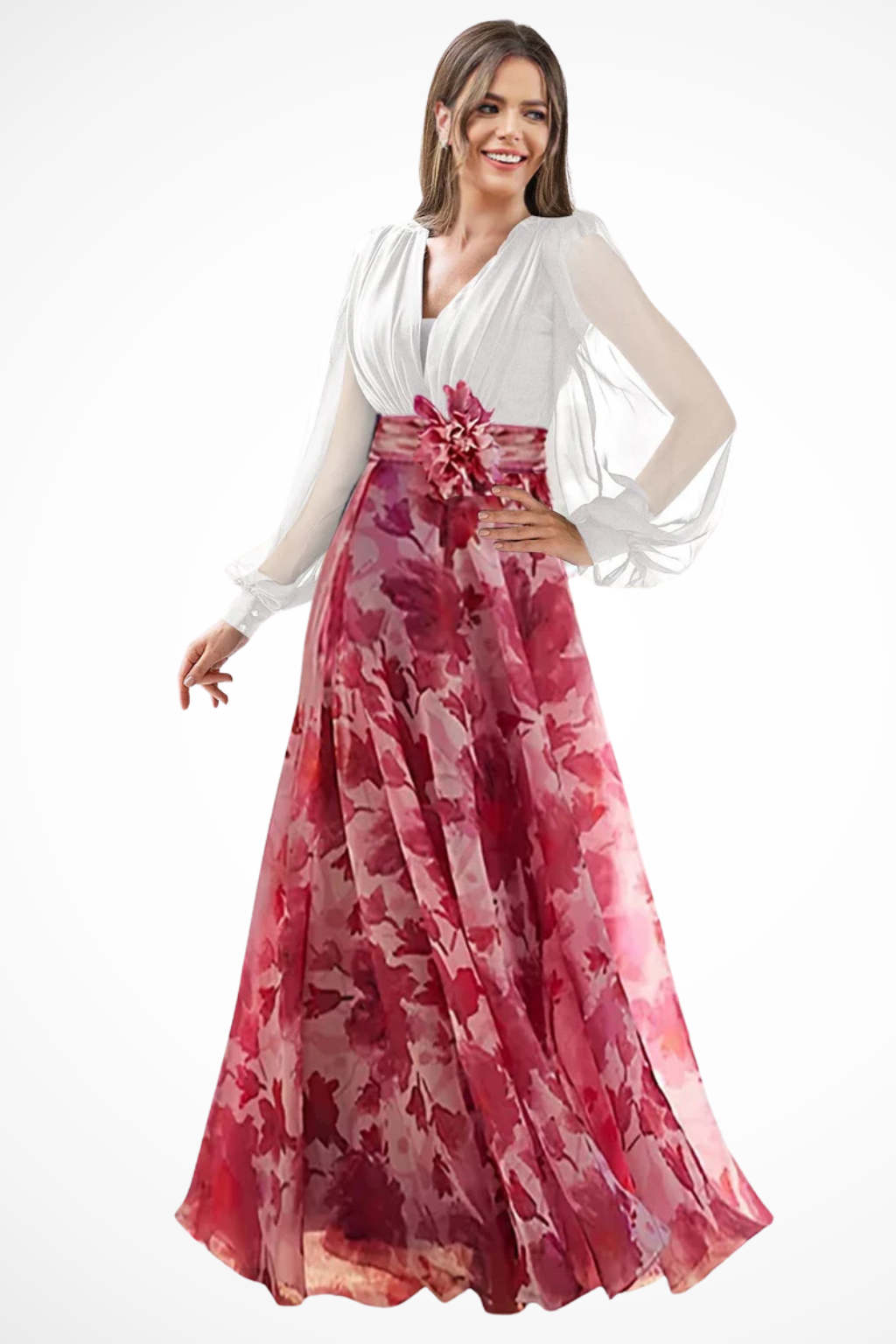 Balloonsleeve — Floral Print Maxi Dress With V-Neck Balloon Sleeve Evening Gown Design White and Dark Red