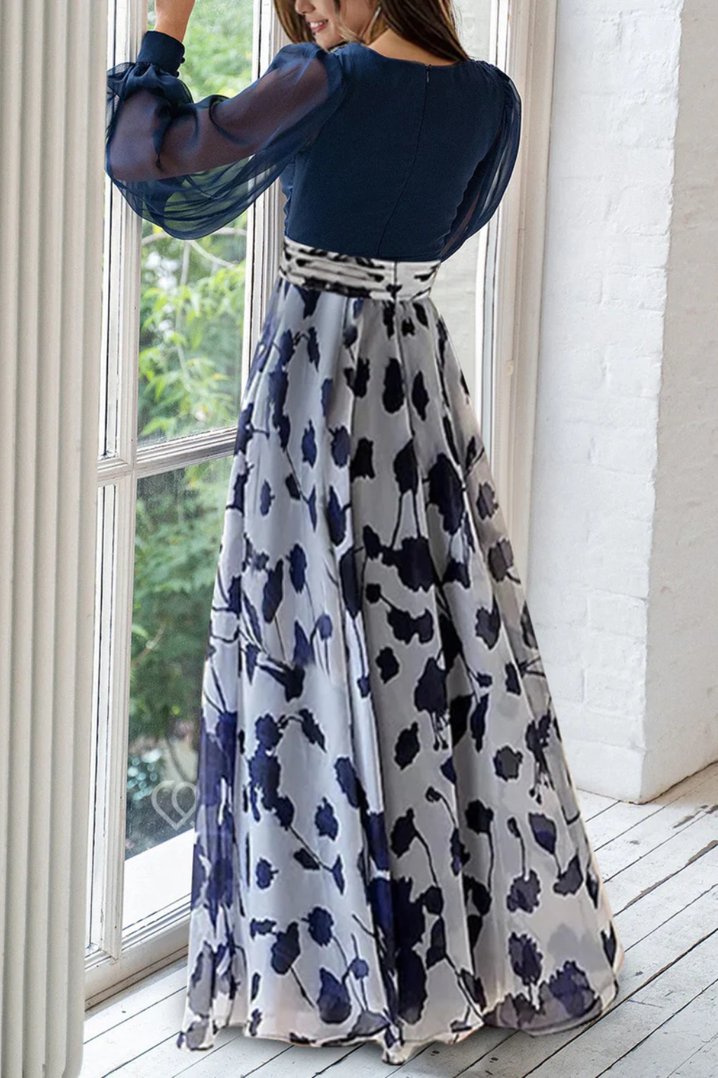 Balloonsleeve — Floral Print Maxi Dress With V-Neck Balloon Sleeve Evening Gown Design