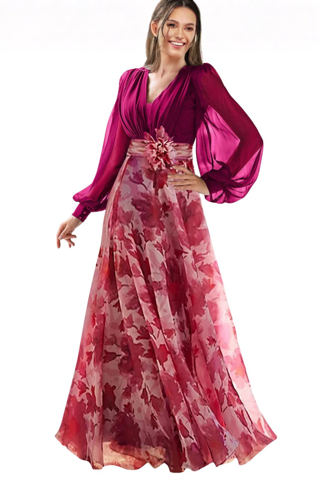 Balloonsleeve — Floral Print Maxi Dress With V-Neck Balloon Sleeve Evening Gown Design Dark Pink