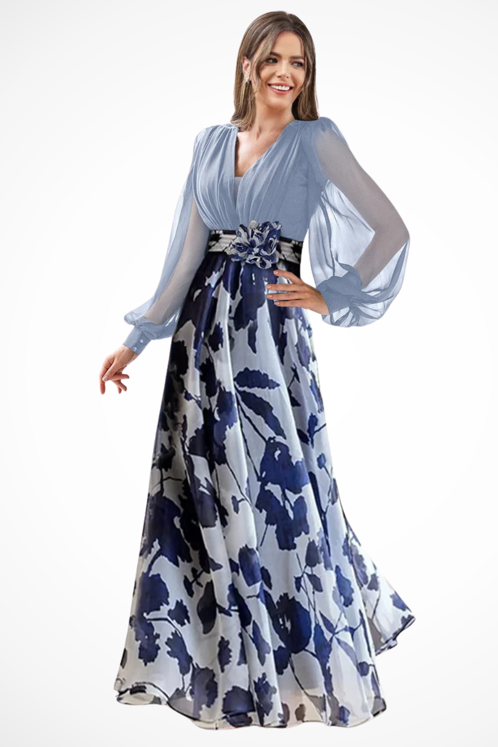 Balloonsleeve — Floral Print Maxi Dress With V-Neck Balloon Sleeve Evening Gown Design Blue