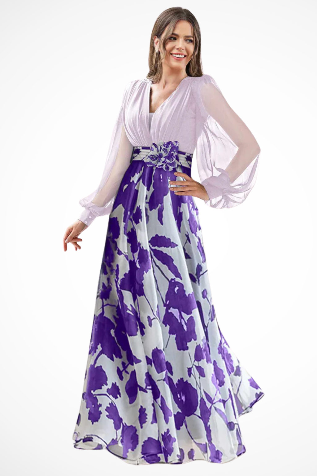 Balloonsleeve — Floral Print Maxi Dress With V-Neck Balloon Sleeve Evening Gown Design Purple