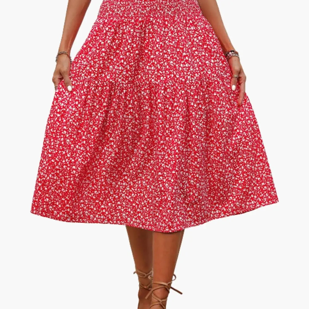 Florabelle — Floral Print Maxi Skirt With Flowing Ruffled Design For Summer Red and White