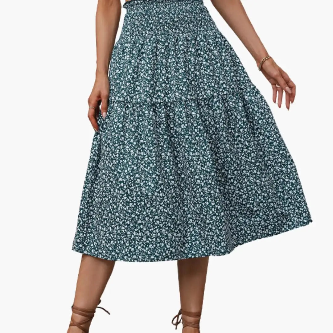 Florabelle — Floral Print Maxi Skirt With Flowing Ruffled Design For Summer Green