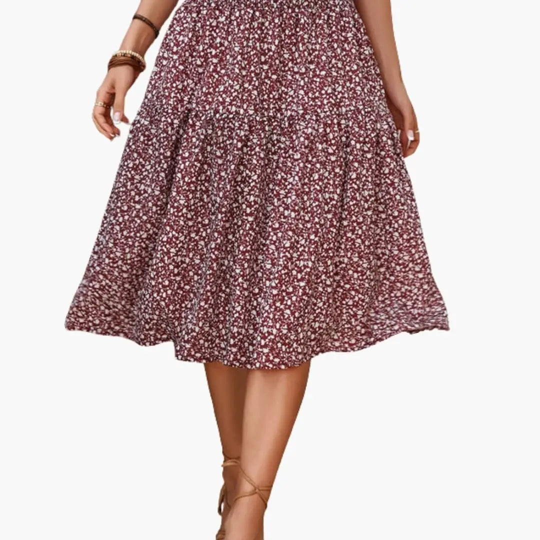 Florabelle — Floral Print Maxi Skirt With Flowing Ruffled Design For Summer Burgundy