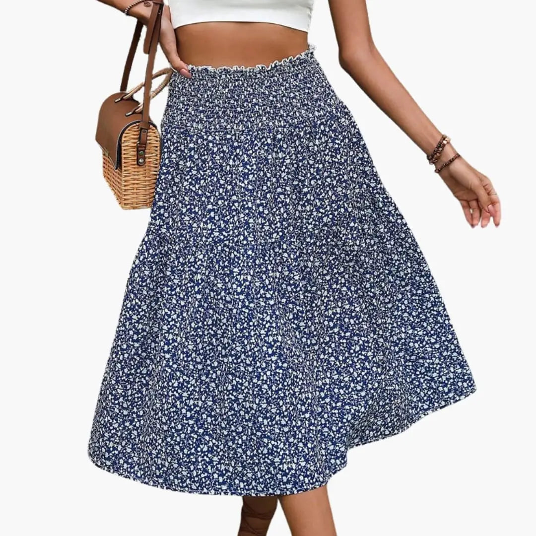 Florabelle — Floral Print Maxi Skirt With Flowing Ruffled Design For Summer Navy Blue