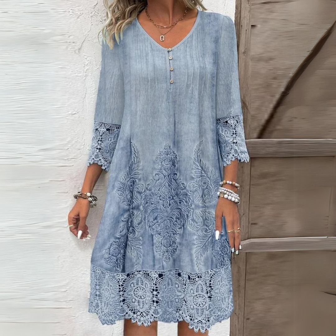 Marisol — Floral Print Midi Dress With Elegant Structured Embroidered Accents Blue