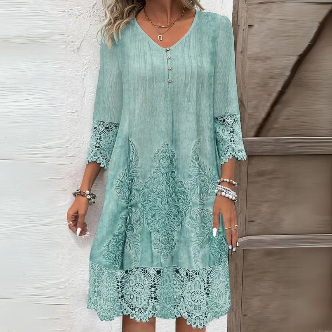 Marisol — Floral Print Midi Dress With Elegant Structured Embroidered Accents Green