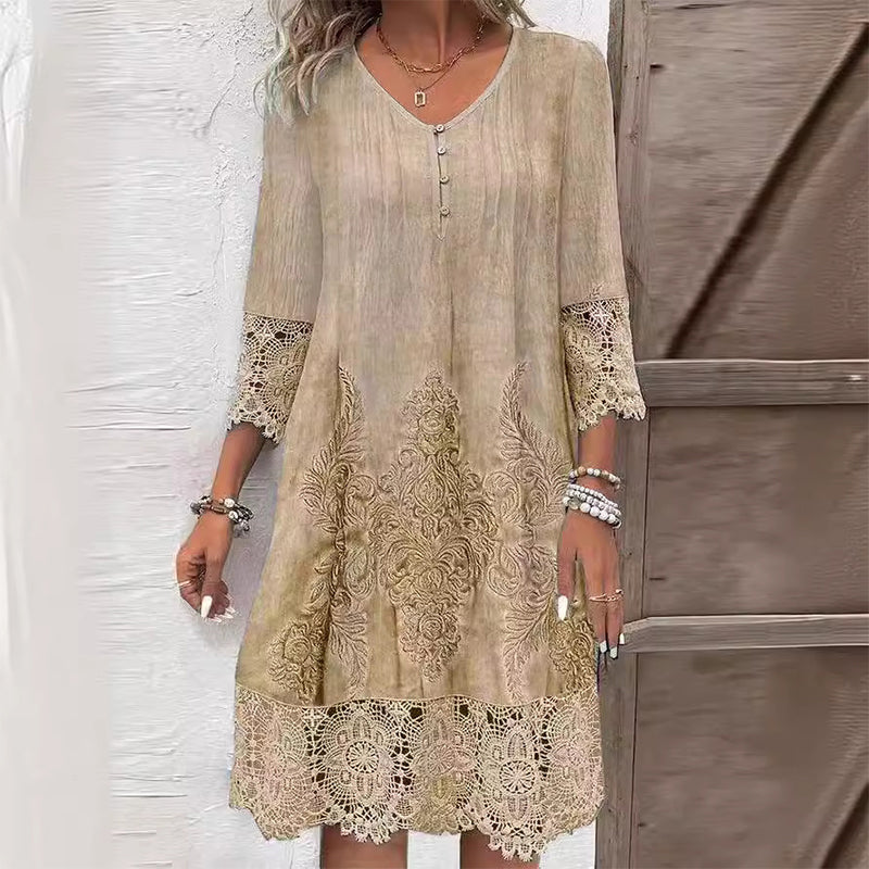 Marisol — Floral Print Midi Dress With Elegant Structured Embroidered Accents Khaki