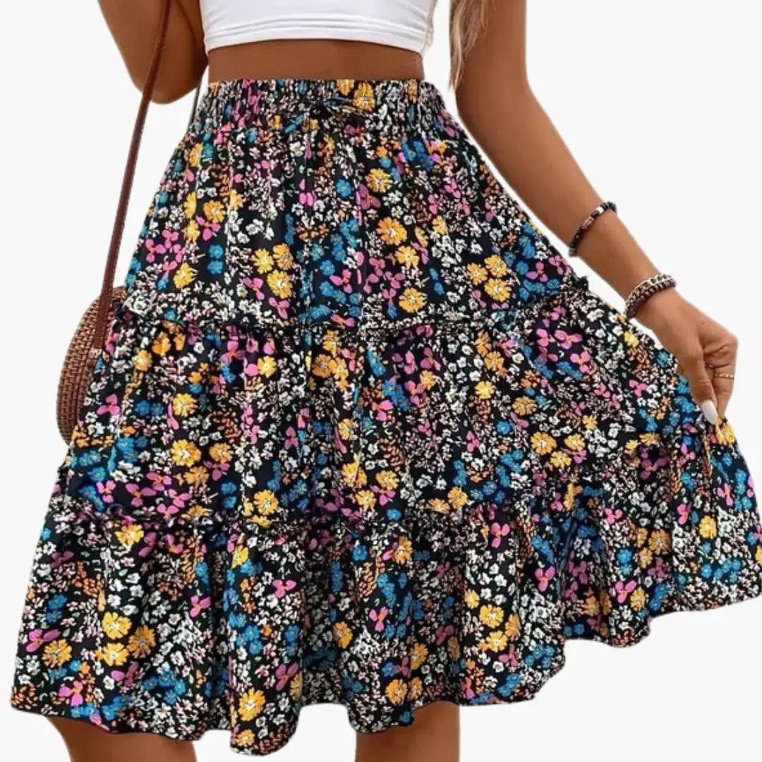 Camellia — Floral Print Midi Skirt With Relaxed Flared Ruffled Hem For Summer Black
