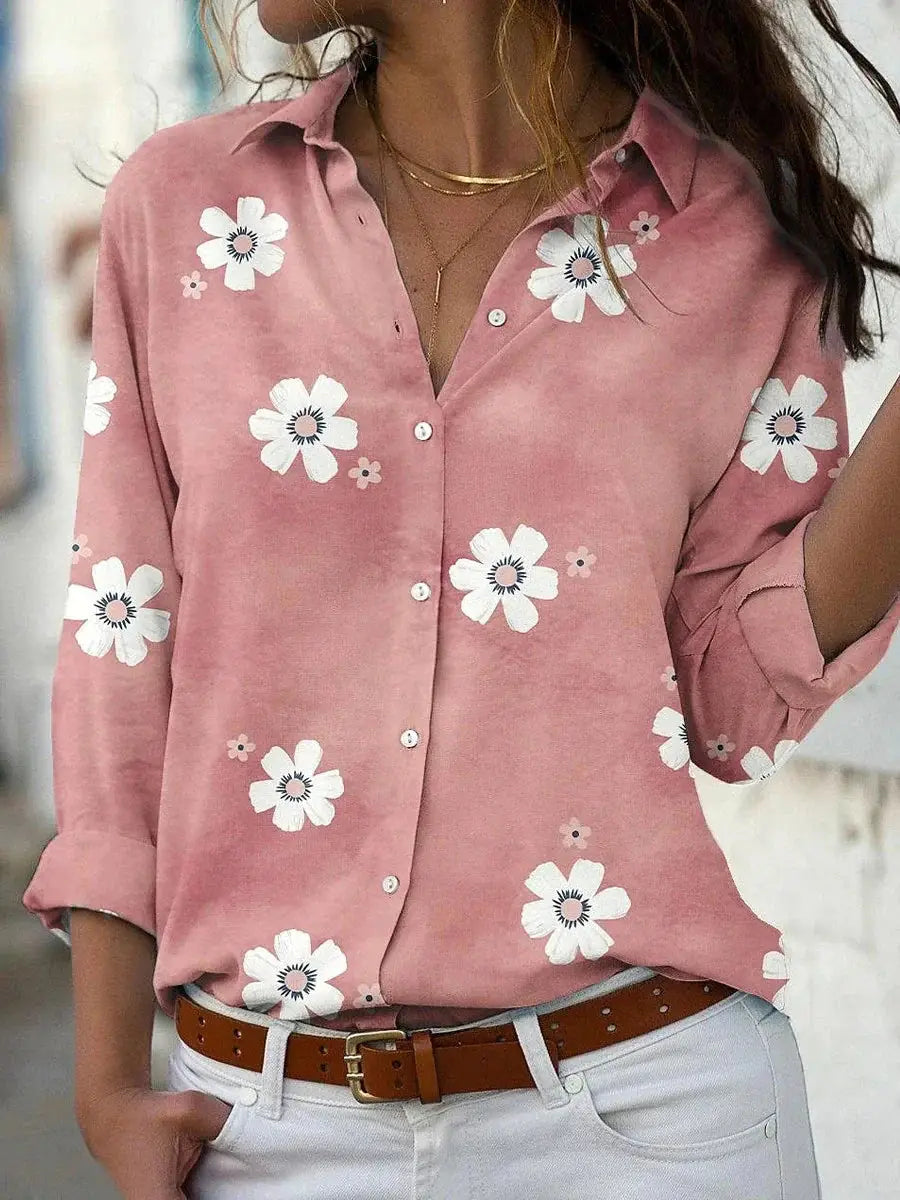 Esperanza — Floral Print Polyester Blouse With Relaxed Long Sleeve Summer Style Pink