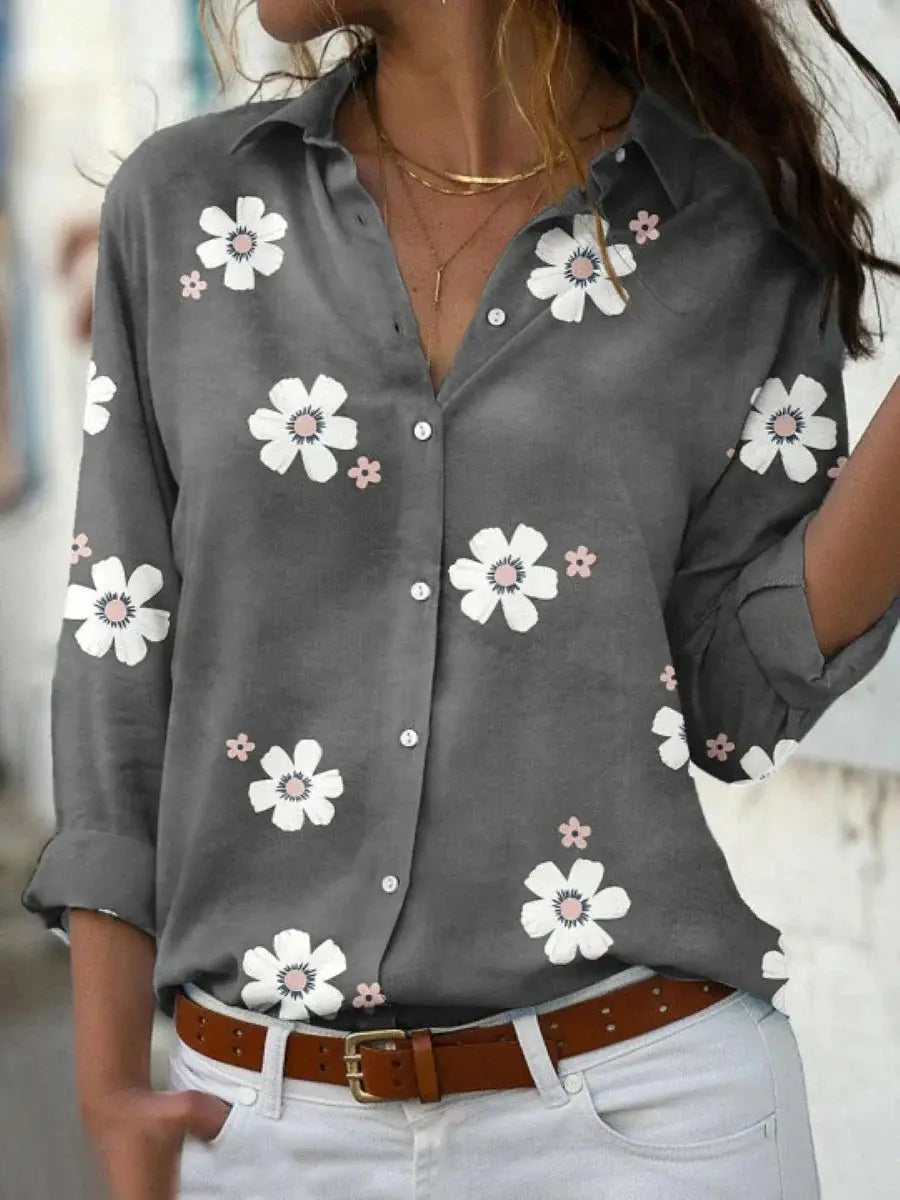 Esperanza — Floral Print Polyester Blouse With Relaxed Long Sleeve Summer Style Grey