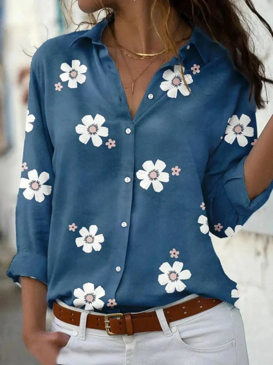 Esperanza — Floral Print Polyester Blouse With Relaxed Long Sleeve Summer Style Blue