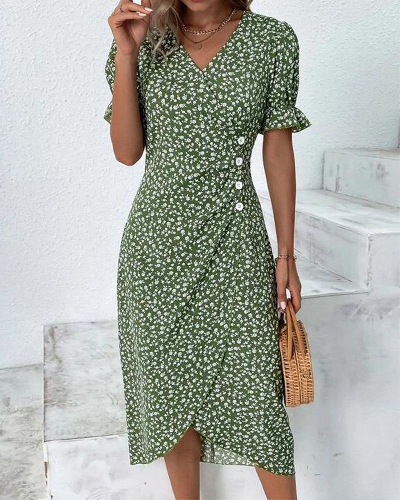 Marguerite — Floral Wrap Dress With Adjustable V-Neck For Elegant Summer Midi Style Green