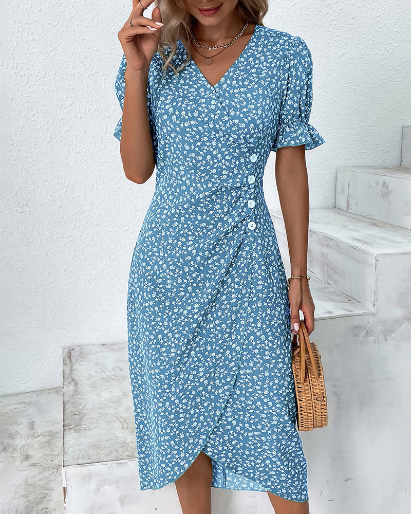 Marguerite — Floral Wrap Dress With Adjustable V-Neck For Elegant Summer Midi Style Blue