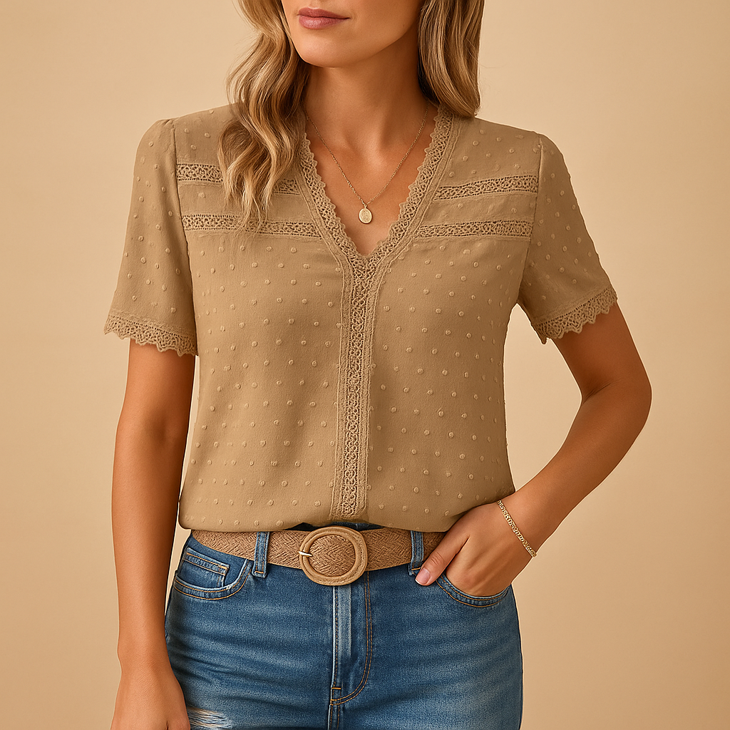 Wisteria — Lace Long Sleeve Blouse With Elegant V-Neck For All Seasons Khaki