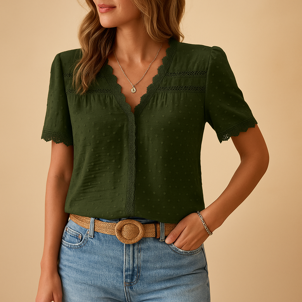 Wisteria — Lace Long Sleeve Blouse With Elegant V-Neck For All Seasons Green