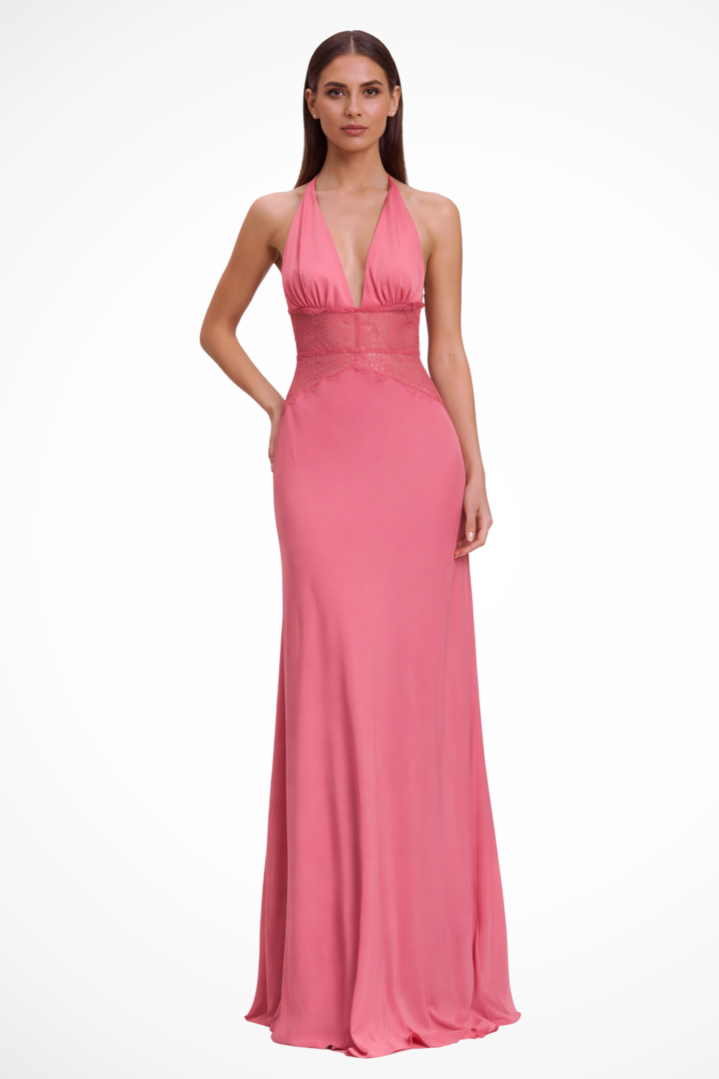 Lacebackless — Lace Maxi Dress With Modern Halter Neck Backless Wedding Design Pink