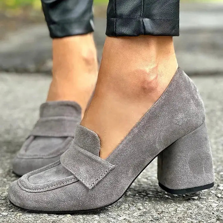 Blockheelloaf — Leather Block Heel Loafers With Elegant Chic Comfort Design Grey