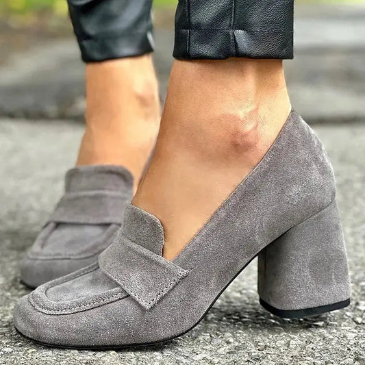 Blockheelloaf — Leather Block Heel Loafers With Elegant Chic Comfort Design Grey