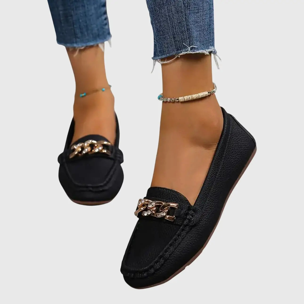 Chainlink — Leather Loafers With Elegant Orthopedic Slip-On Gold-Chain Design Black