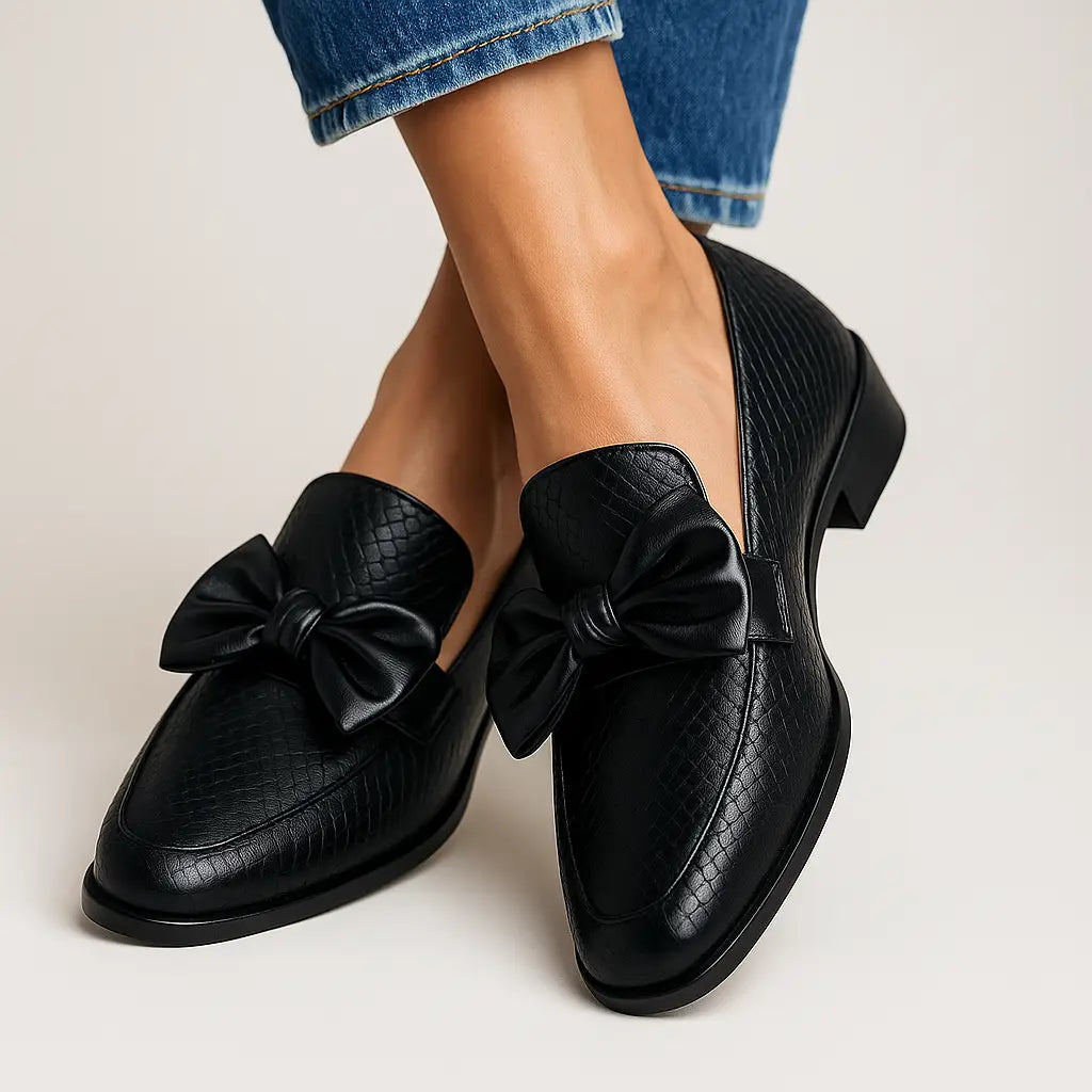 Bowaccent — Leather Loafers With Elegant Slip-On Charming Bow Accent Design Black