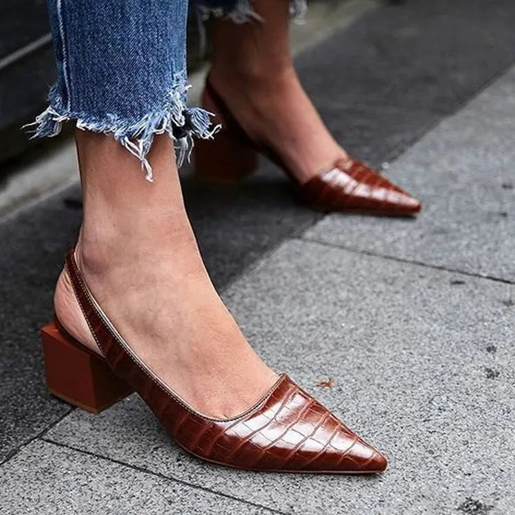 Slingblock — Leather Slingback Heels With Supportive Pointed Toe Block Design Brown