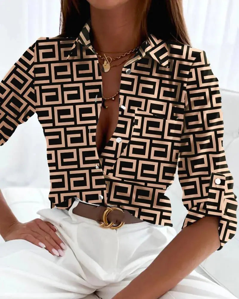 Galadriel — Lightweight Artistic Print Blouse With Stylish Draped Summer Style Khaki