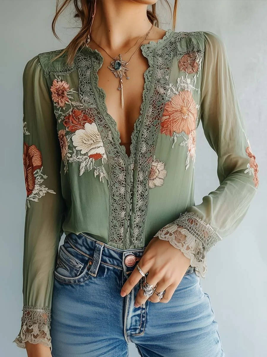 Bohemia — Lightweight Chiffon Blouse With Bohemian Floral V-Neck Long Sleeve Style Green