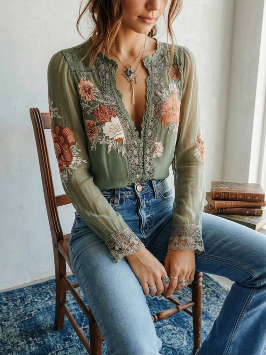 Bohemia — Lightweight Chiffon Blouse With Bohemian Floral V-Neck Long Sleeve Style