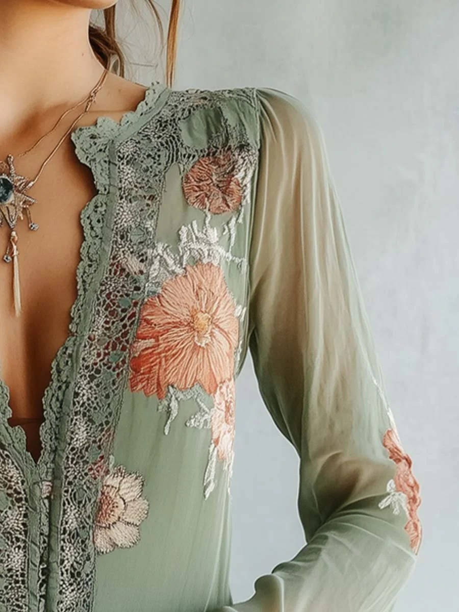 Bohemia — Lightweight Chiffon Blouse With Bohemian Floral V-Neck Long Sleeve Style