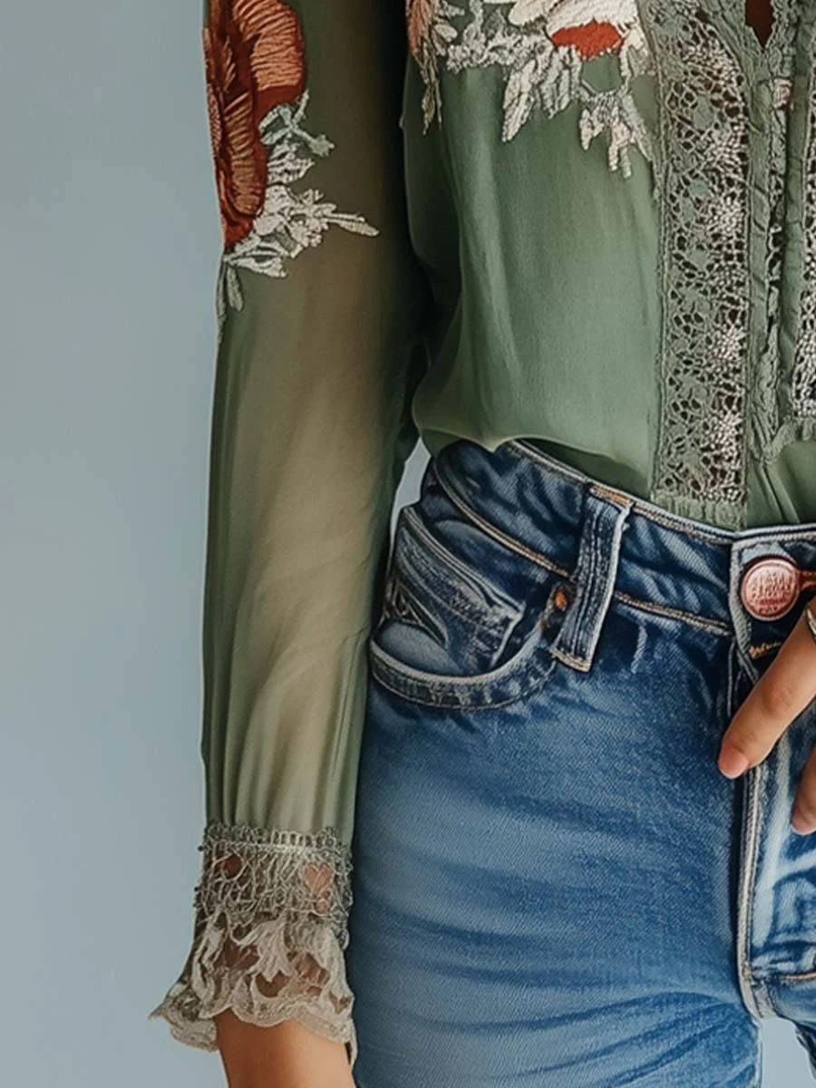 Bohemia — Lightweight Chiffon Blouse With Bohemian Floral V-Neck Long Sleeve Style
