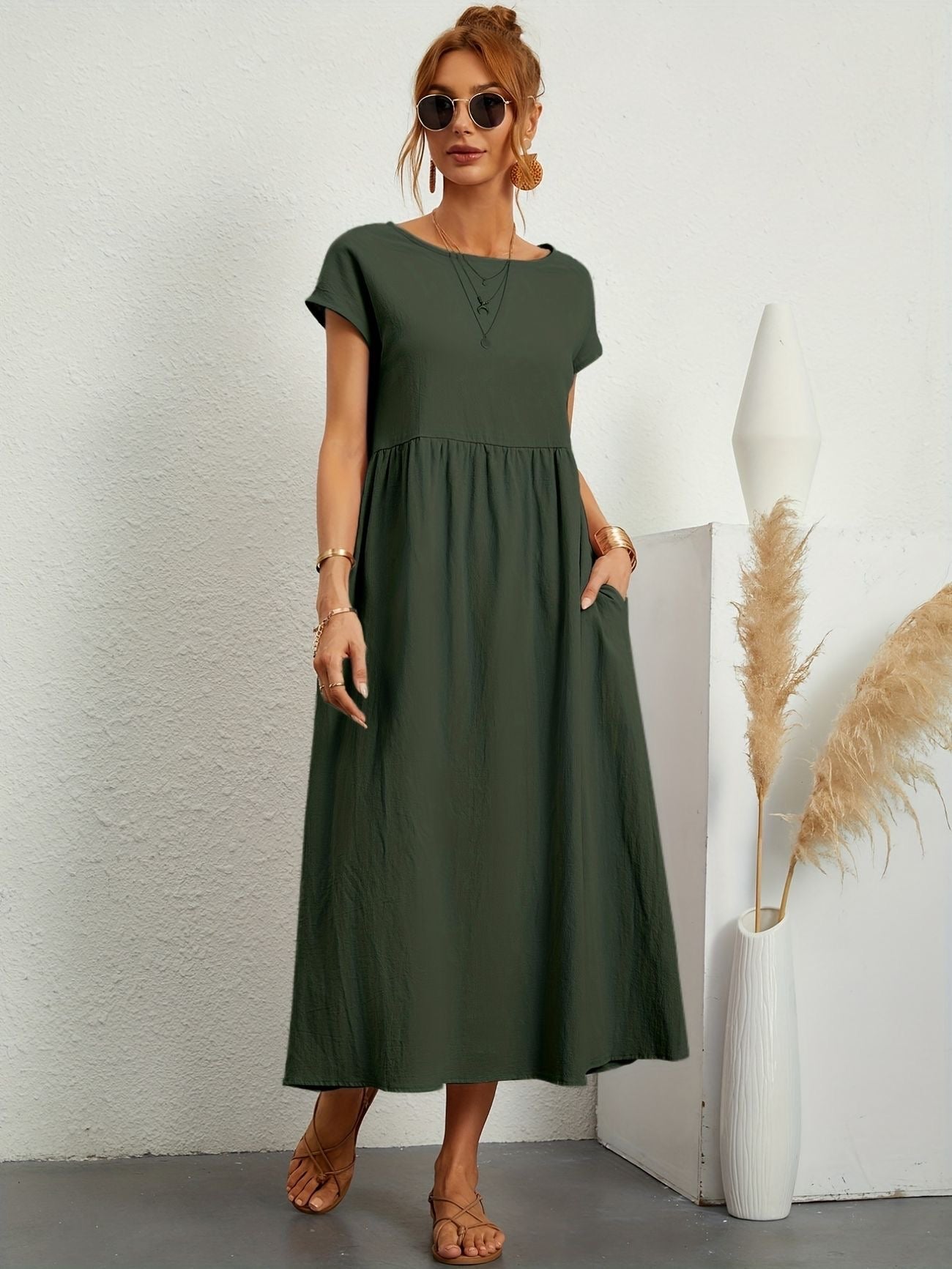 Annabeth — Lightweight Cotton Summer Dress With Relaxed Fit And Refined Neckline Dark Green