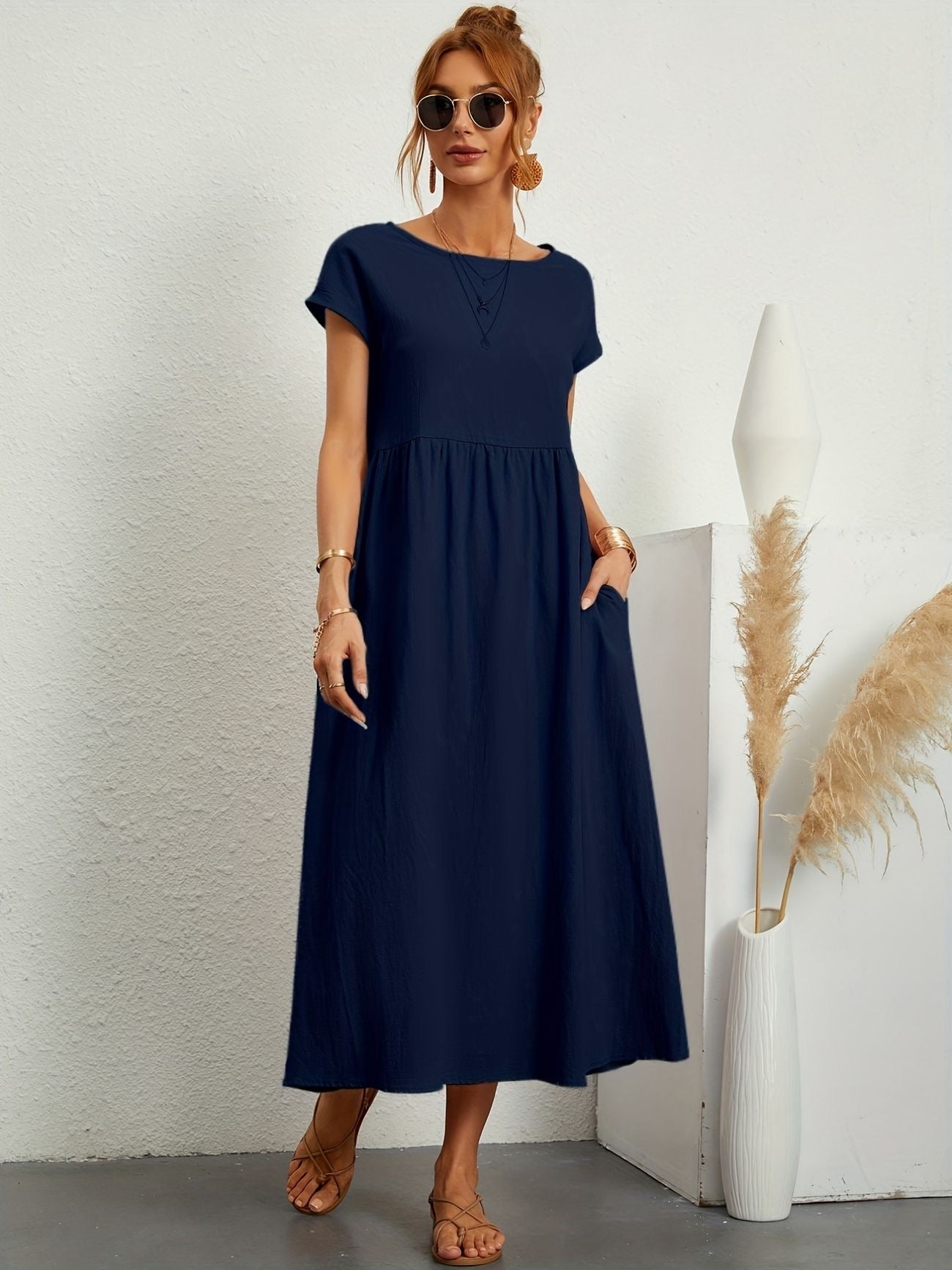 Annabeth — Lightweight Cotton Summer Dress With Relaxed Fit And Refined Neckline Dark Blue