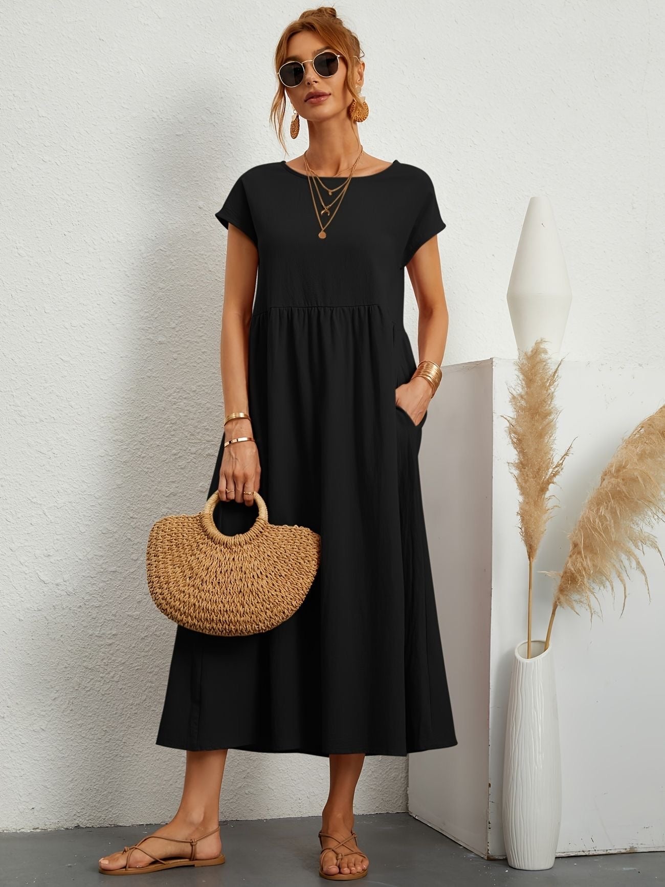 Annabeth — Lightweight Cotton Summer Dress With Relaxed Fit And Refined Neckline Black