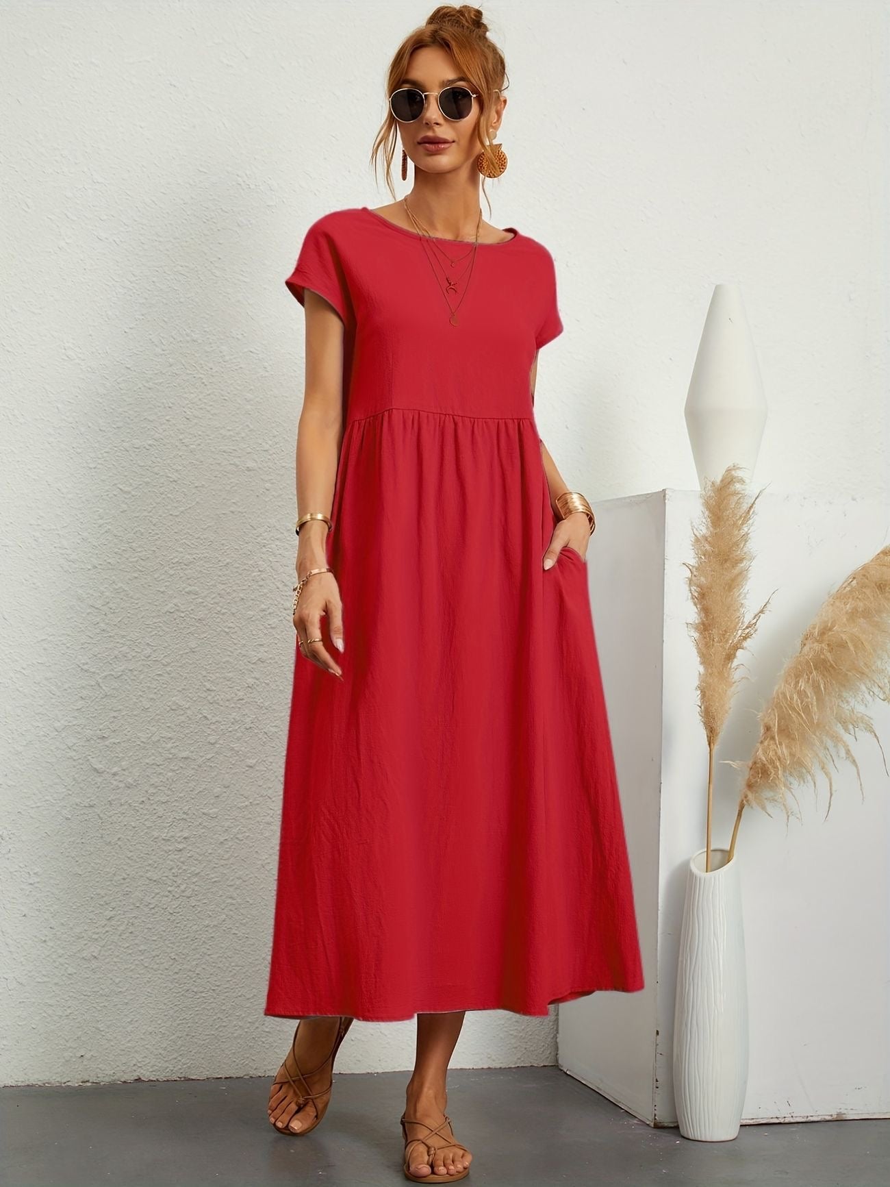 Annabeth — Lightweight Cotton Summer Dress With Relaxed Fit And Refined Neckline Red