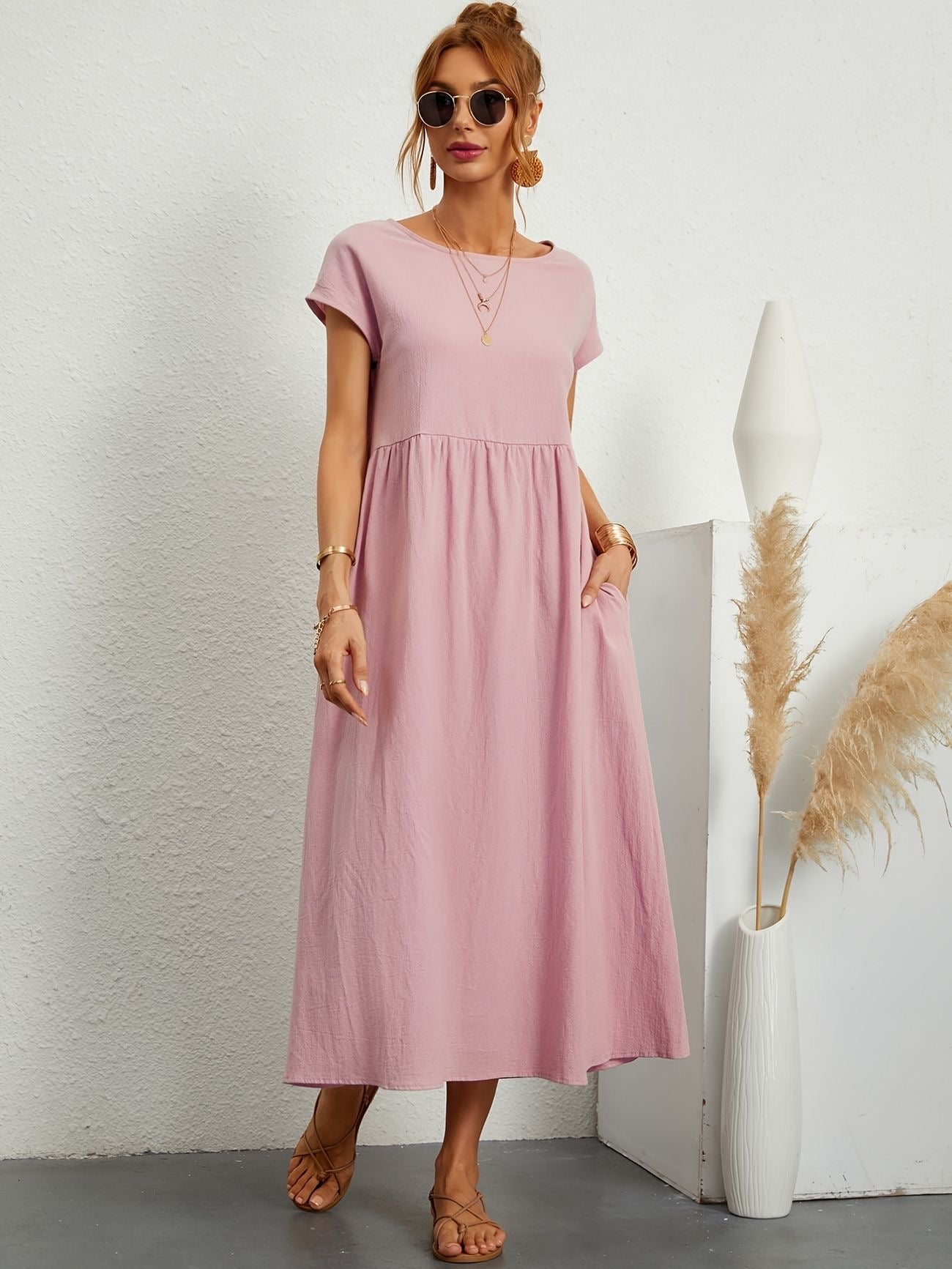 Annabeth — Lightweight Cotton Summer Dress With Relaxed Fit And Refined Neckline Pink