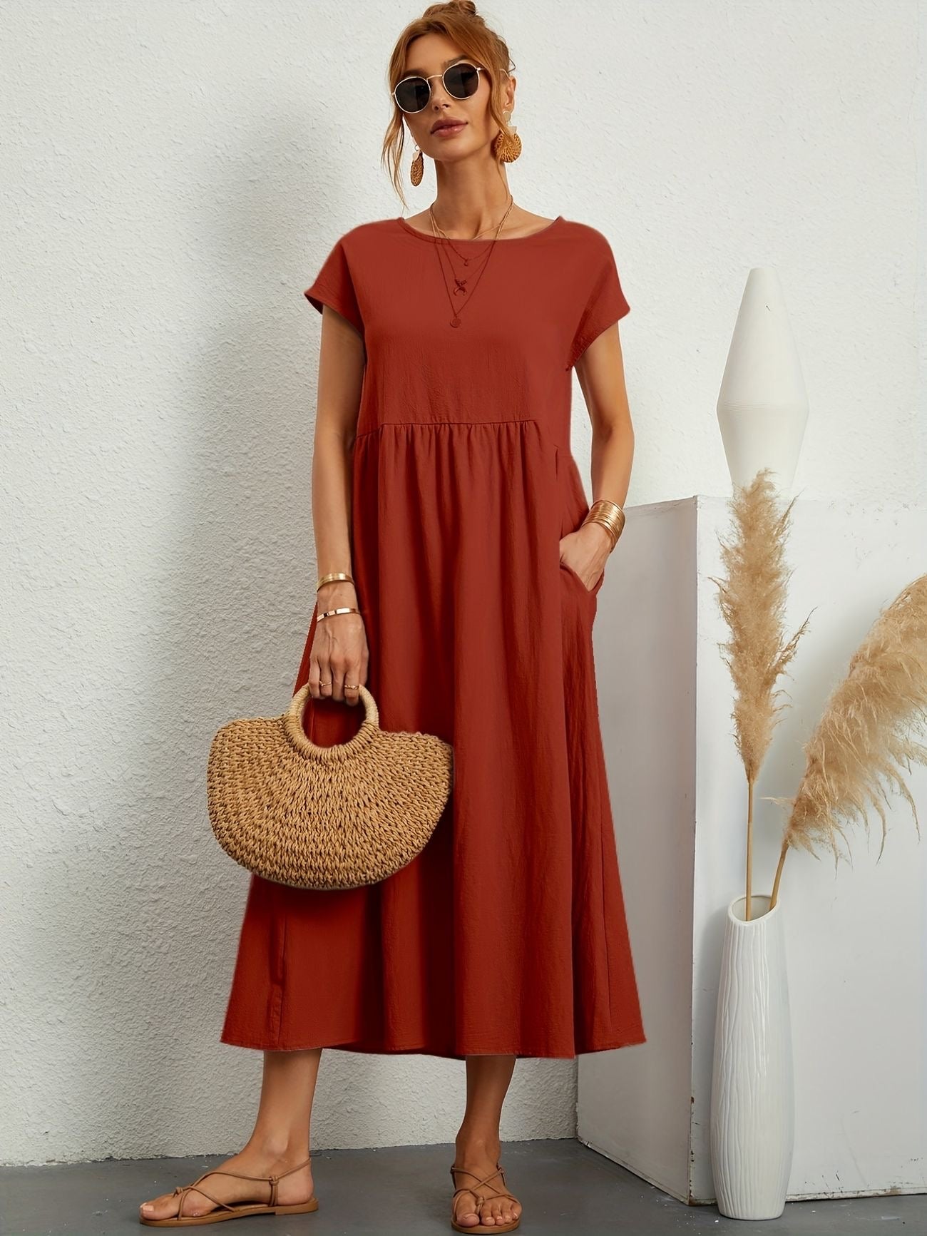 Annabeth — Lightweight Cotton Summer Dress With Relaxed Fit And Refined Neckline Orange