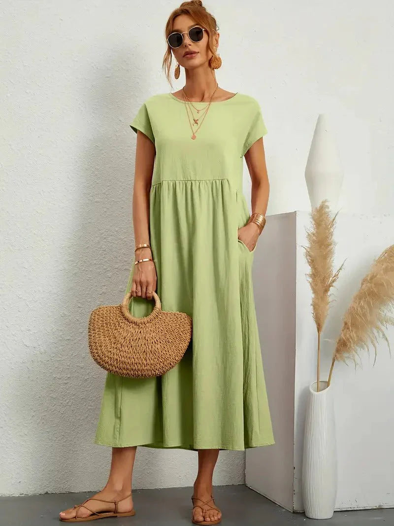 Annabeth — Lightweight Cotton Summer Dress With Relaxed Fit And Refined Neckline Green