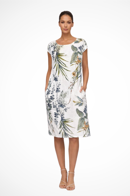 Daphne — Lightweight Cotton Summer Dress With Flowy Relaxed Botanical Print White