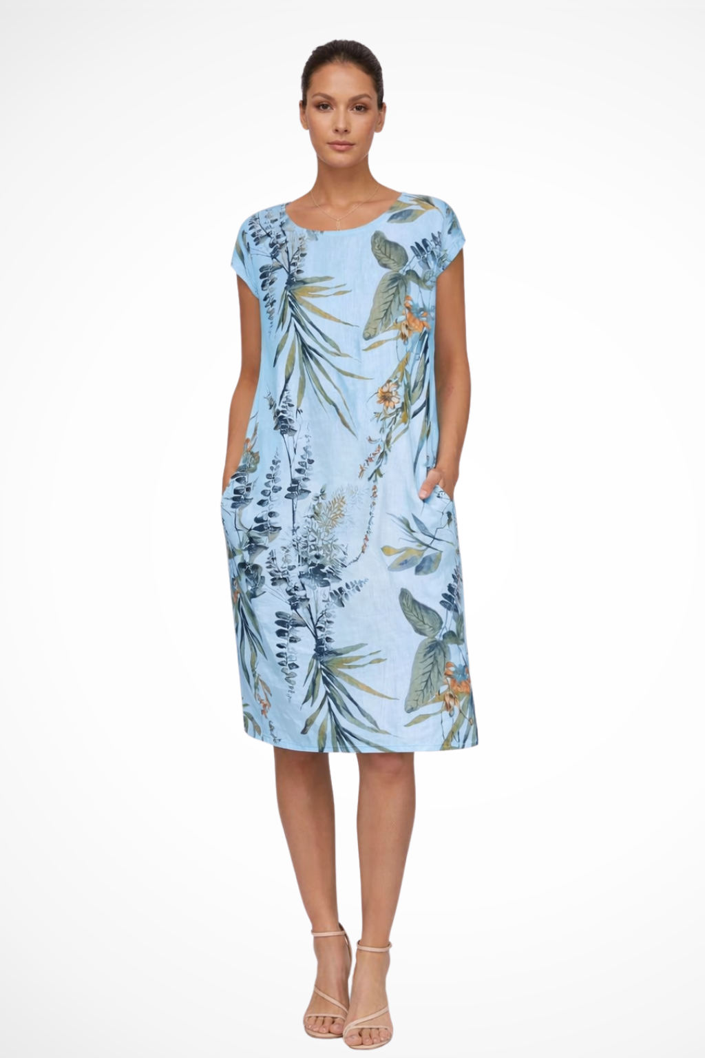 Daphne — Lightweight Cotton Summer Dress With Flowy Relaxed Botanical Print Light Blue