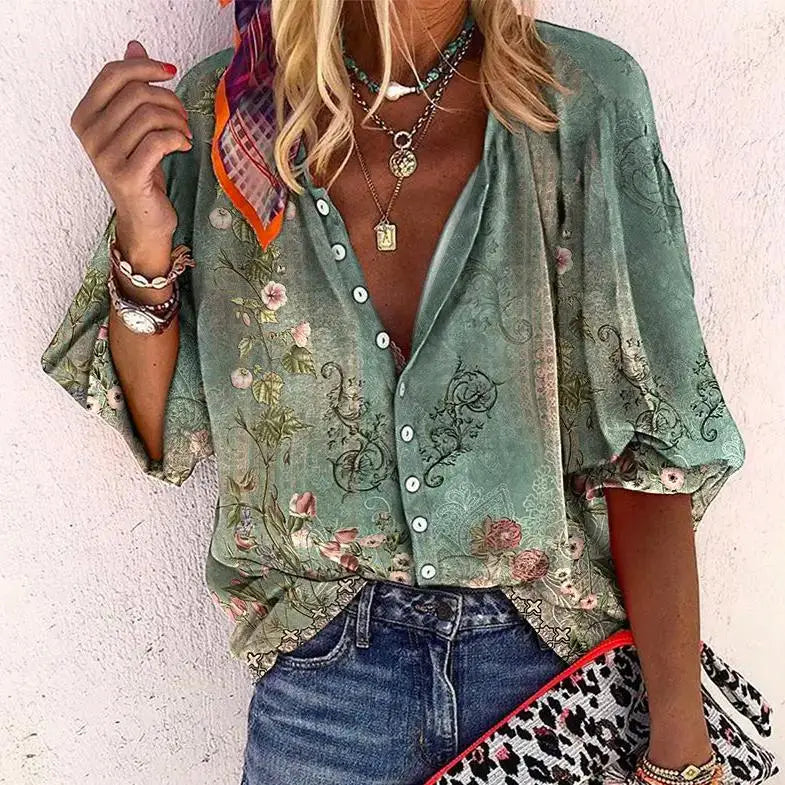 Brynlee — Lightweight Flowing V-Neck Blouse With Relaxed Boho Print Summer Style Green