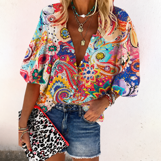 Brynlee — Lightweight Flowing V-Neck Blouse With Relaxed Boho Print Summer Style Pink