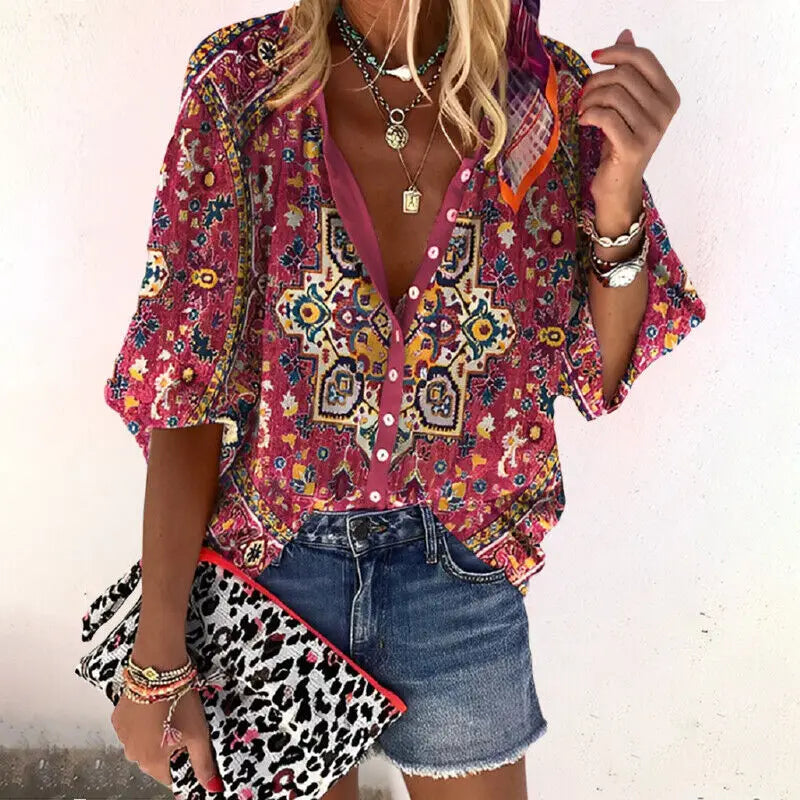 Brynlee — Lightweight Flowing V-Neck Blouse With Relaxed Boho Print Summer Style Red
